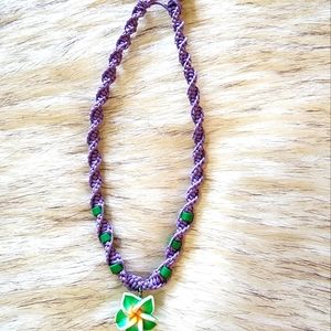 Purple Beaded Hemp Necklace w/ Hibiscus Pendant
